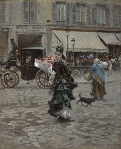 CLK339927 Crossing the Street, 1875 (oil on panel) by Boldini, Giovanni (1842-1931); 45.7x37.5 cm; Sterling and Francine Clark Art Institute, Williamstown, Massachusetts, USA; Italian, out of copyright