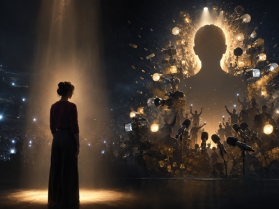 Une femme dans la lumière, entourée de projecteurs et de silhouettes symbolisant la pression médiatique exercée autour de sa parole.